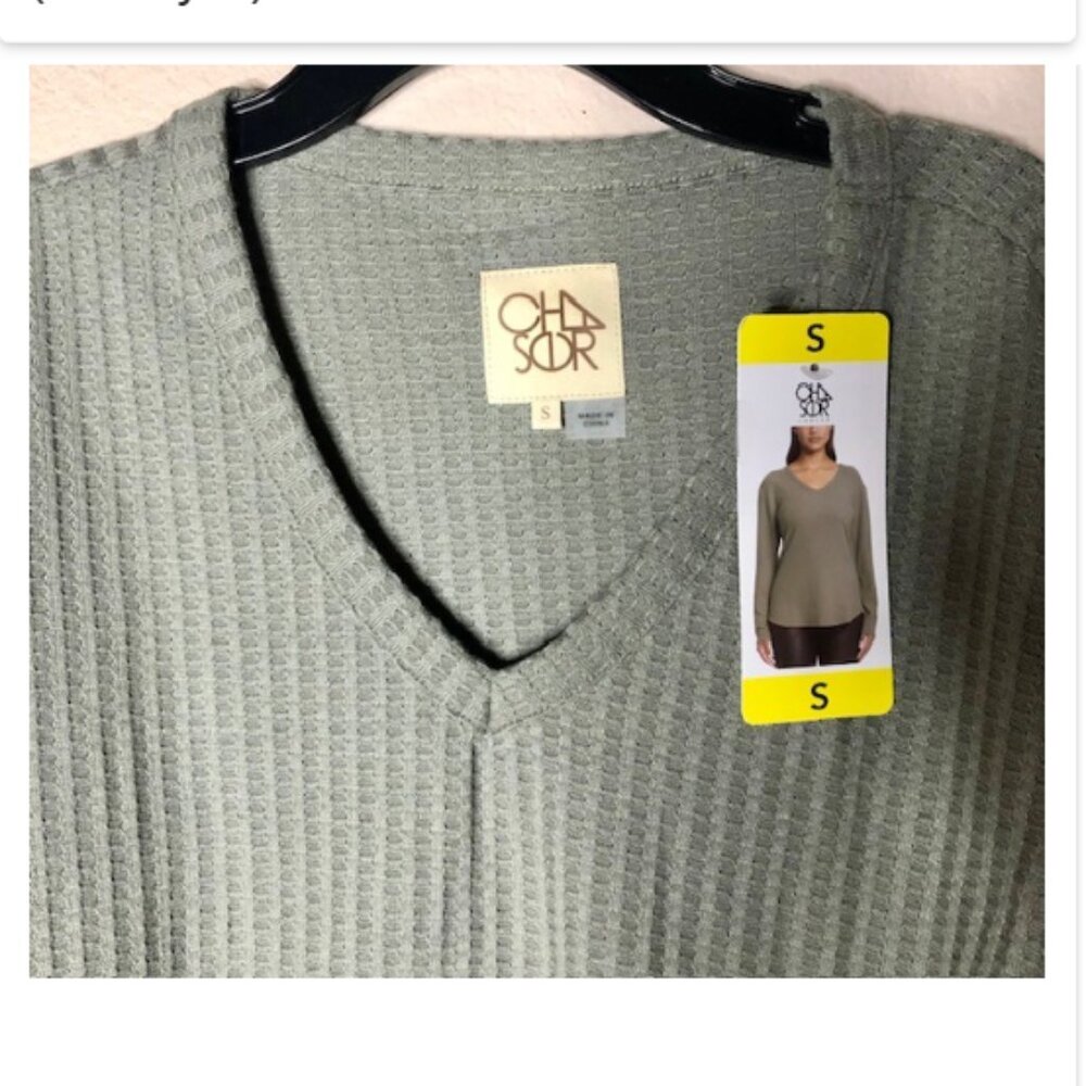 Chaser  Womens  Waffle Knit Thermal  Long Sleeve V Neck shirt Green
